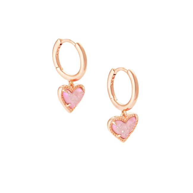 Ari Heart Rose Gold Huggie Earrings in Light Pink Drusy