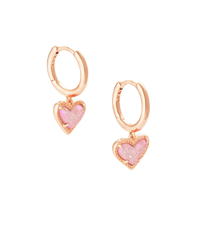 Ari Heart Rose Gold Huggie Earrings in Light Pink Drusy