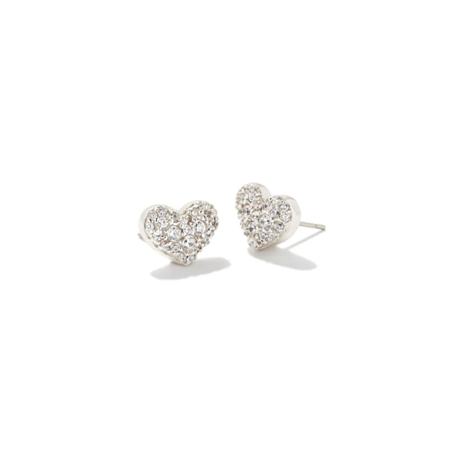 Ari Silver Pave Crystal Heart Earrings in White Crystal