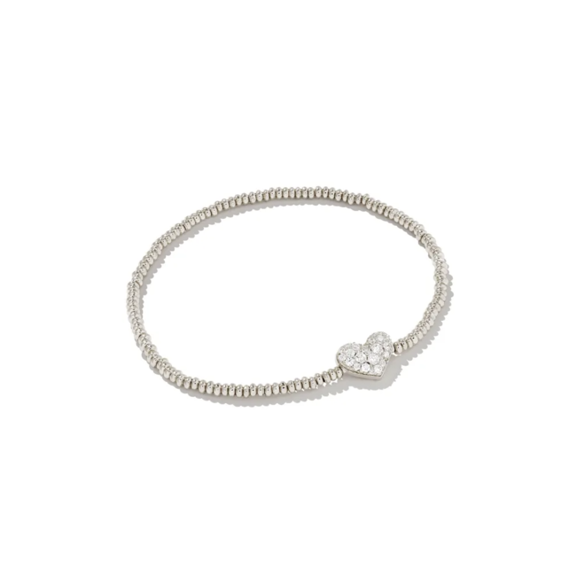 Ari Silver Pave Heart Stretch Bracelet in White Crystal