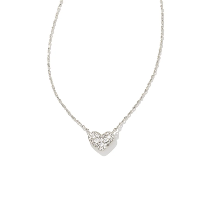 Ari Silver Pave Crystal Heart Necklace in White Crystal