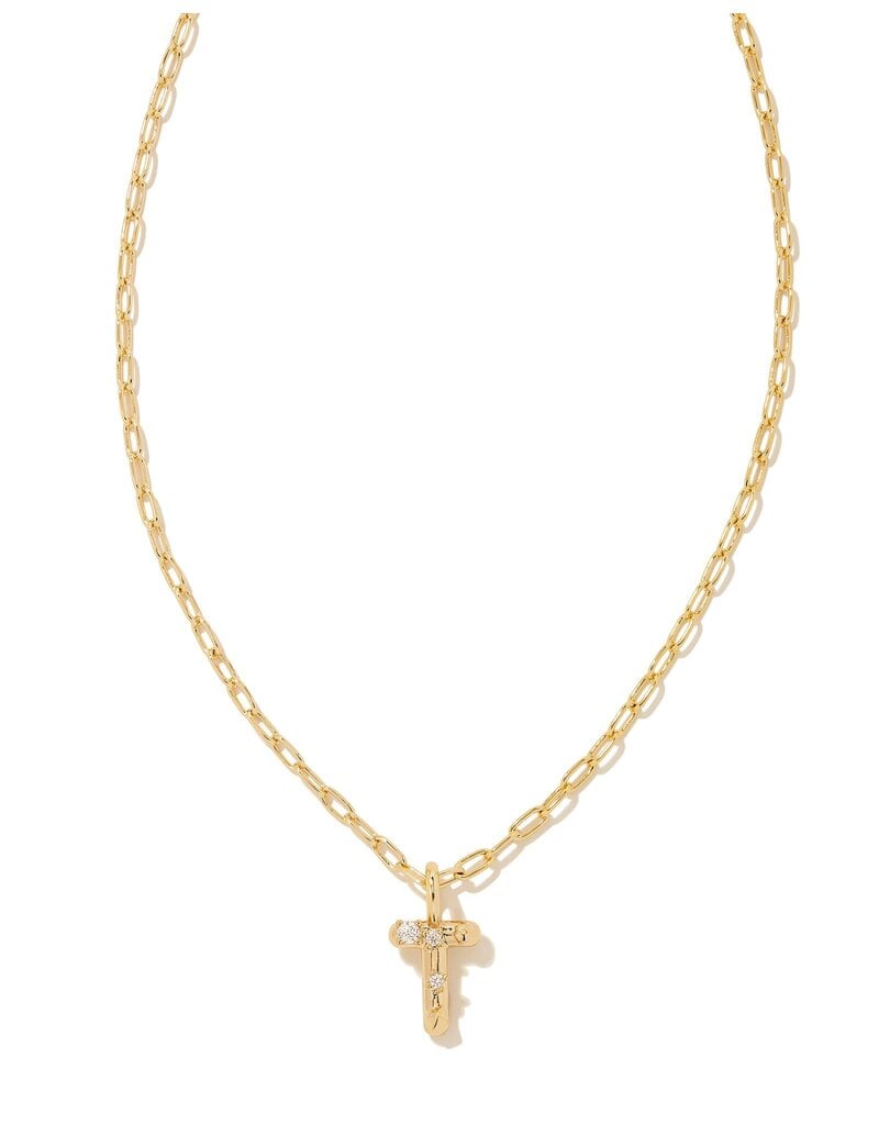 KENDRA SCOTT DESIGN Crystal Letter T Gold Short Pendant Necklace in White Crystal