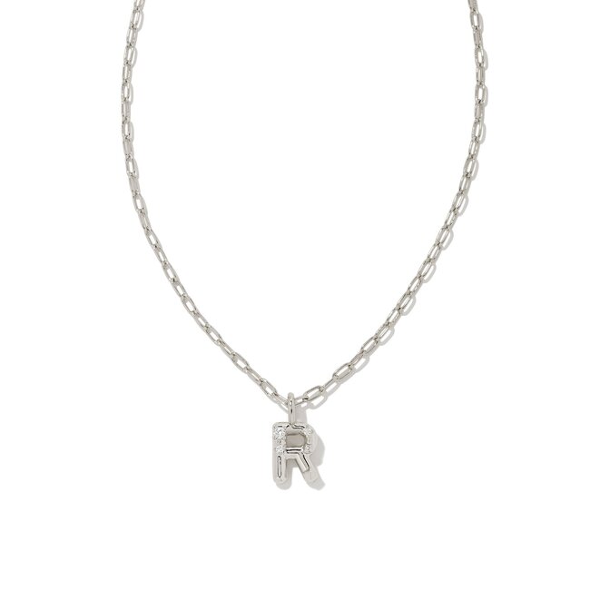 Crystal Letter R Silver Short Pendant Necklace in White Crystal