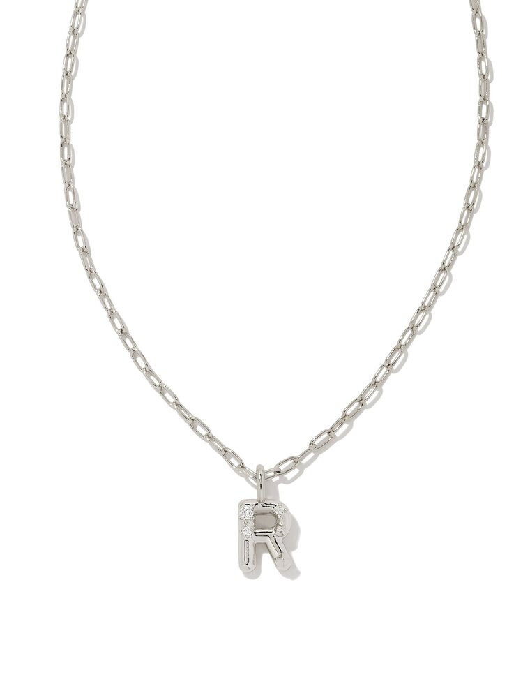 KENDRA SCOTT DESIGN Crystal Letter R Silver Short Pendant Necklace in White Crystal