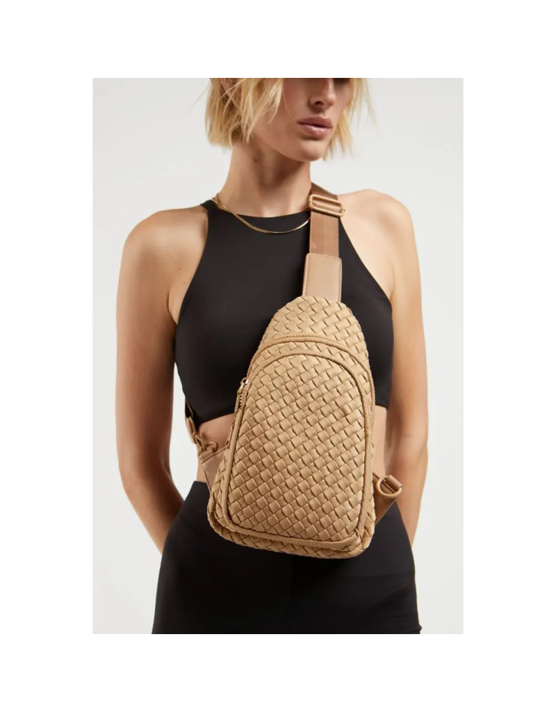 SOL & SELENE Beyond The Horizon Woven Neoprene Sling Backpack in Nude