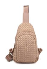 SOL & SELENE Beyond The Horizon Woven Neoprene Sling Backpack in Nude SOL & SELENE Beyond The Horizon Woven Neoprene Sling Backpack in Nude