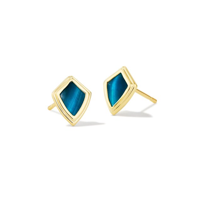 Monica Gold Stud Earrings in Teal Tiger's Eye