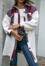 Fleece Open Button Plaid Patchwork Long Jacket in Red