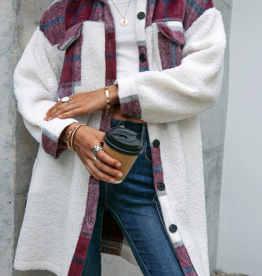 Fleece Open Button Plaid Patchwork Long Jacket in Red