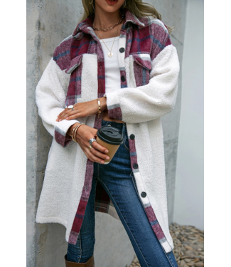 Fleece Open Button Plaid Patchwork Long Jacket in Red