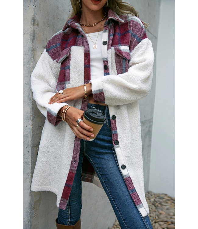 Fleece Open Button Plaid Patchwork Long Jacket in Red