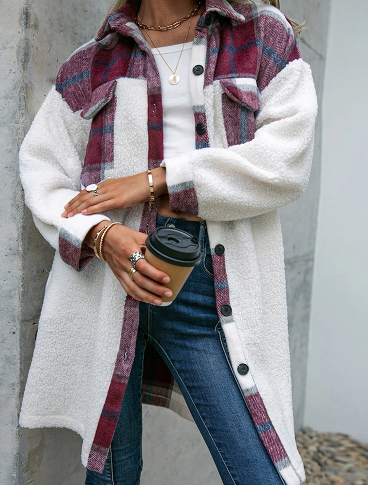 Fleece Open Button Plaid Patchwork Long Jacket in Red
