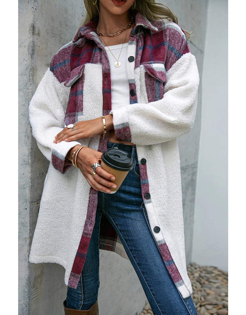 Fleece Open Button Plaid Patchwork Long Jacket in Red