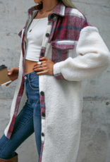 Fleece Open Button Plaid Patchwork Long Jacket in Red