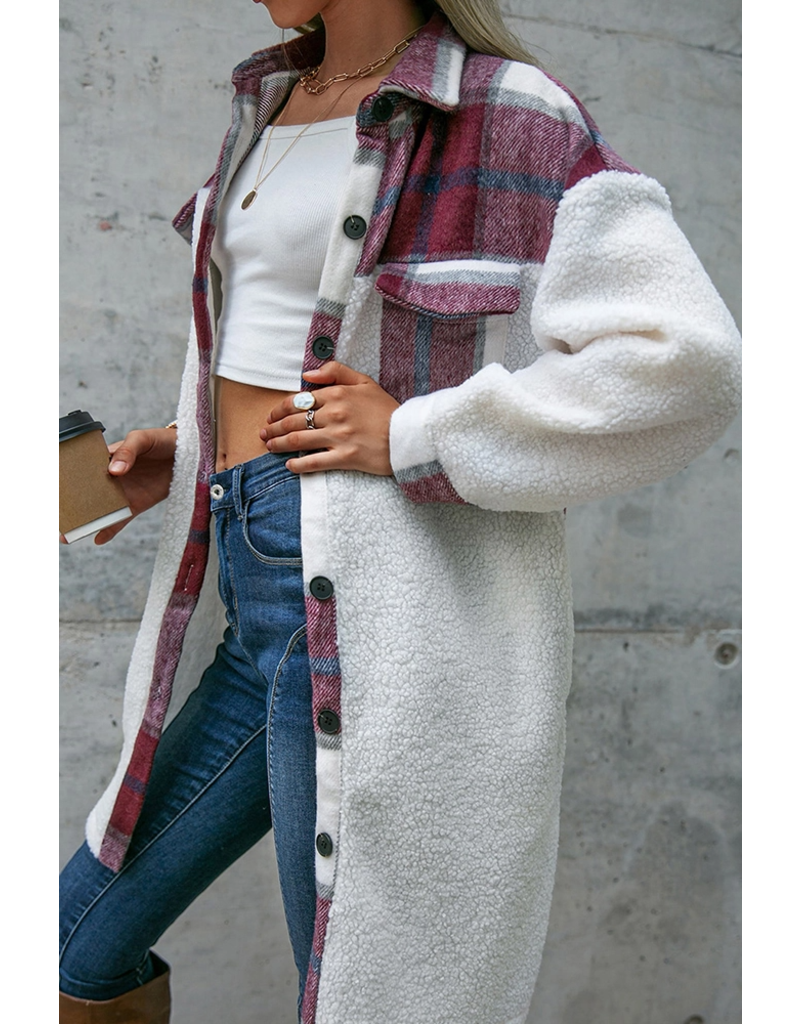 Fleece Open Button Plaid Patchwork Long Jacket in Red
