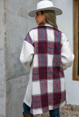 Fleece Open Button Plaid Patchwork Long Jacket in Red