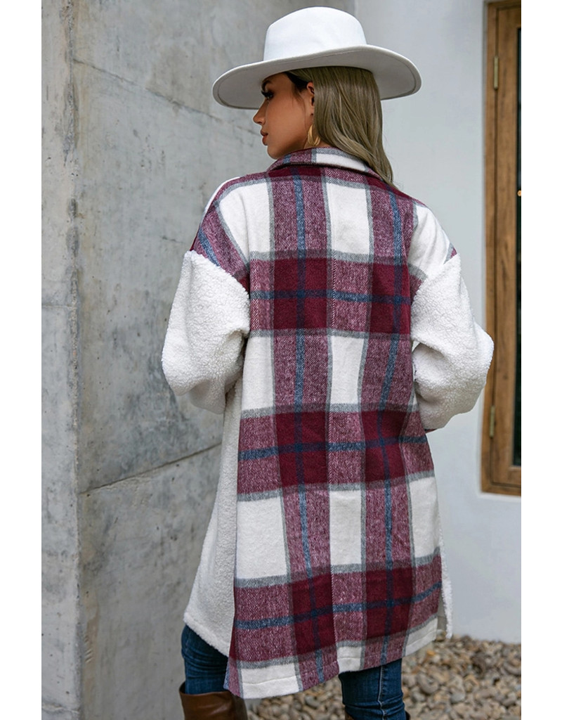 Fleece Open Button Plaid Patchwork Long Jacket in Red