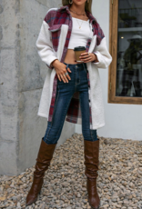 Fleece Open Button Plaid Patchwork Long Jacket in Red