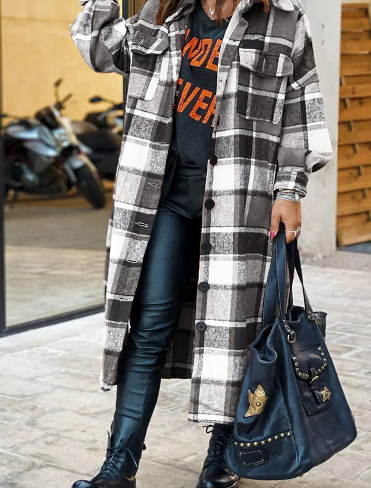 Black Plaid Flannel Shacket Long Jacket
