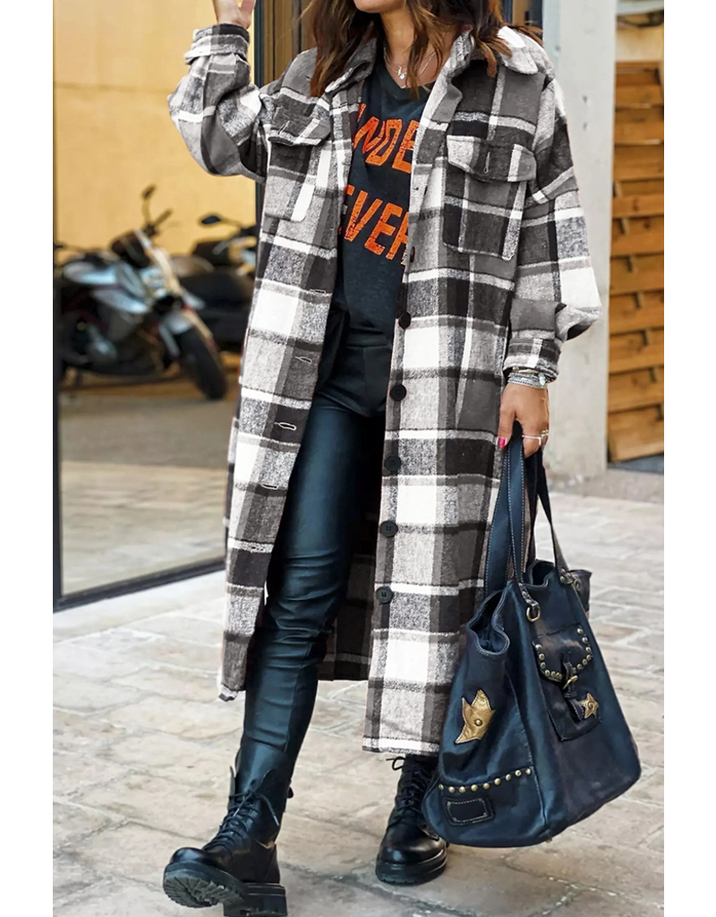 Black Plaid Flannel Shacket Long Jacket