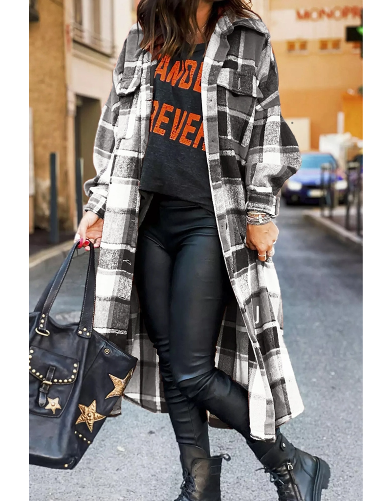 Black Plaid Flannel Shacket Long Jacket