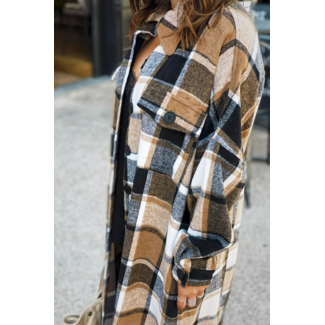 CLOTHING Brown Plaid Flannel Shacket Long Jacket