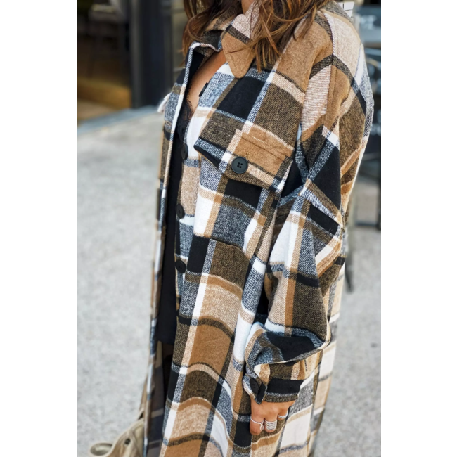 Brown Plaid Flannel Shacket Long Jacket