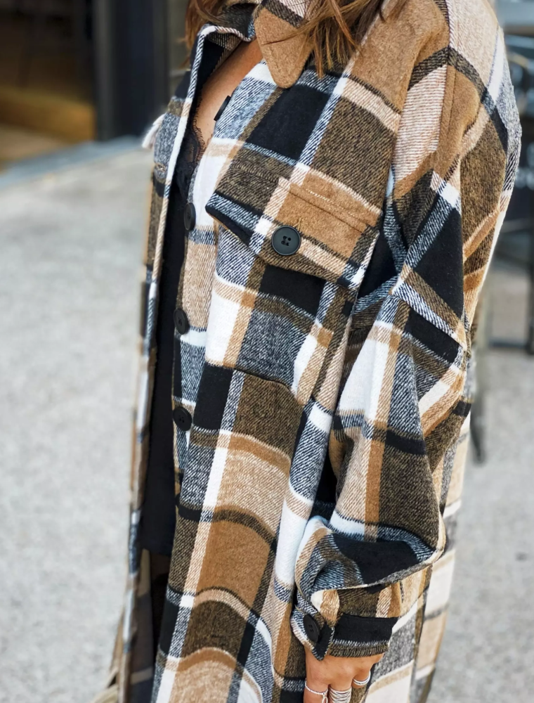 Brown Plaid Flannel Shacket Long Jacket