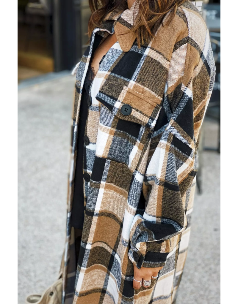 Brown Plaid Flannel Shacket Long Jacket