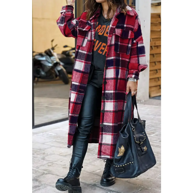 Red Plaid Flannel Shacket Long Jacket - Her Hide Out