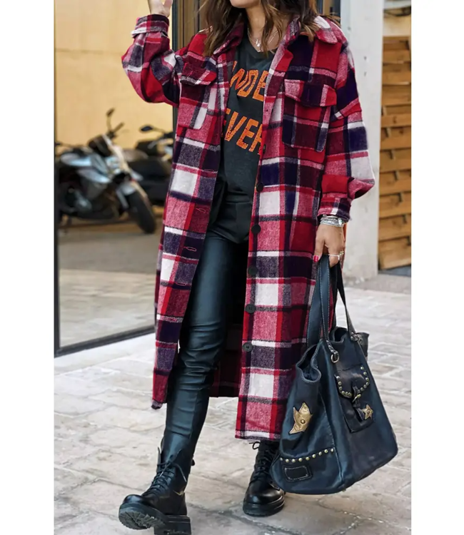 Red Plaid Flannel Shacket Long Jacket
