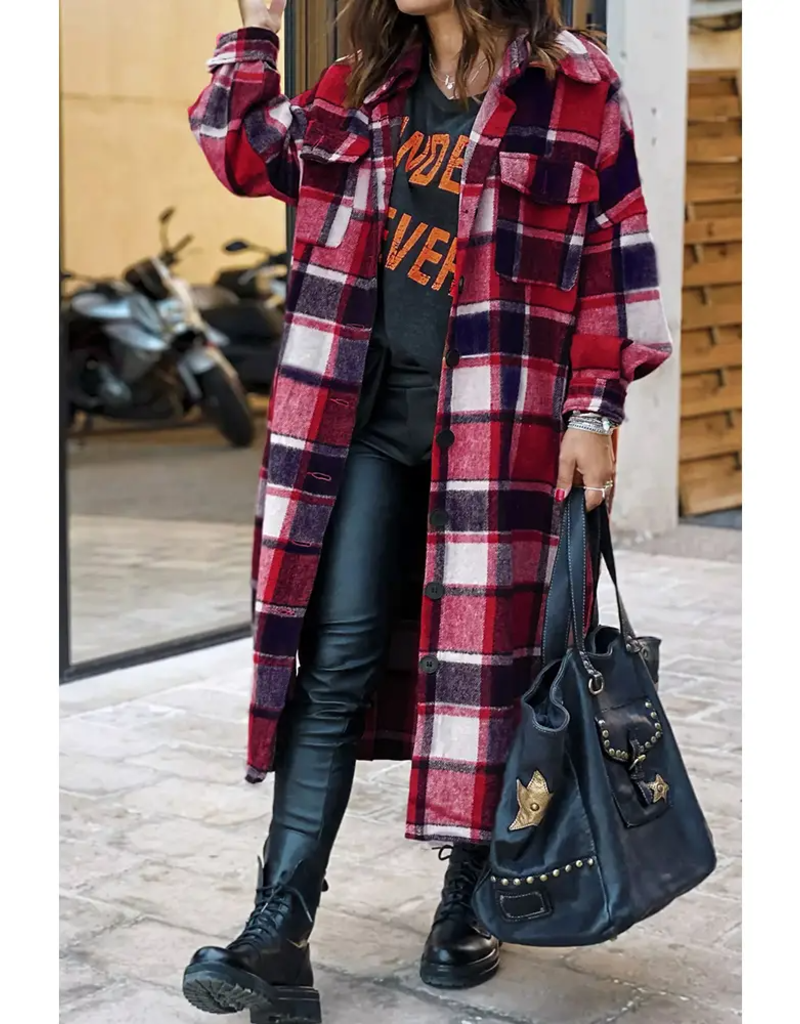 Red Plaid Flannel Shacket Long Jacket