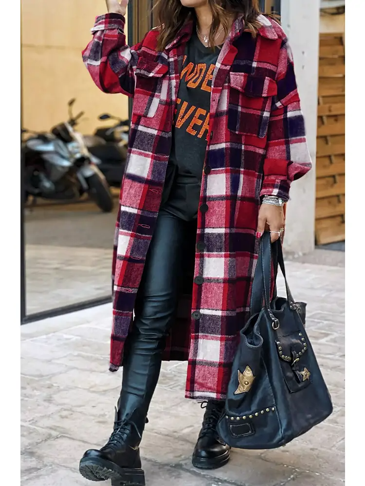 Red Plaid Flannel Shacket Long Jacket