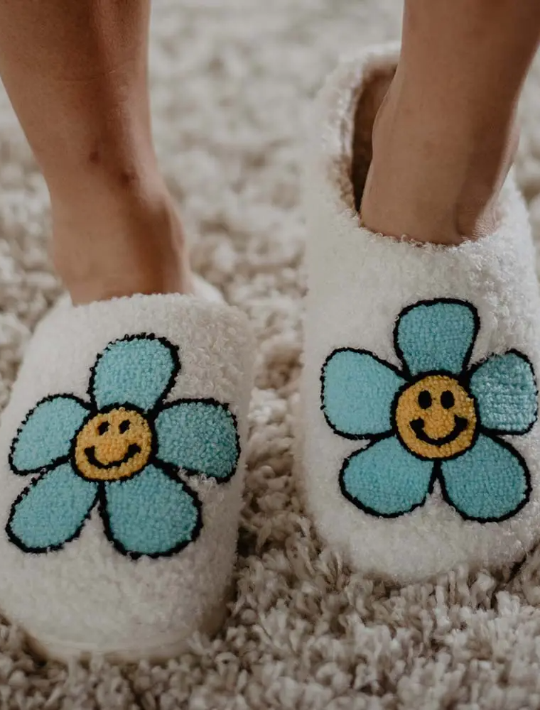 KATYDID Mint Daisy Happy Face Slippers