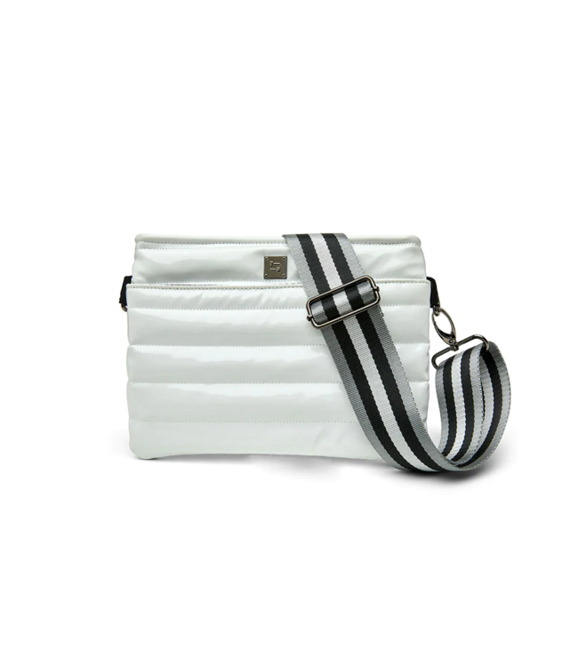 Bum Bag 2.0 in White Patent & Stripe Strap (Black Hardware)