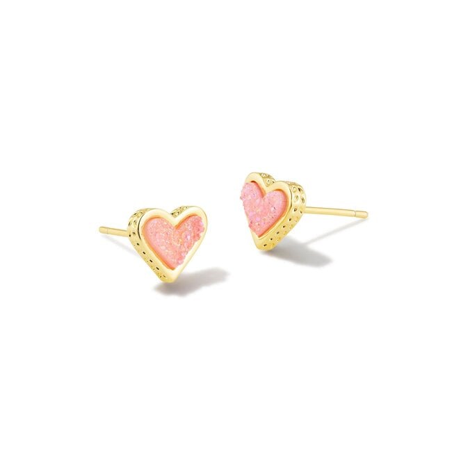 Framed Ari Heart Gold Stud Earrings in Light Pink Drusy