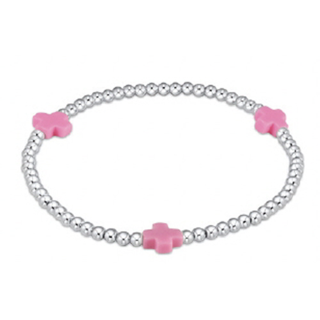 Signature Cross Sterling Silver Pattern 3mm Bead Bracelet - Bright Pink