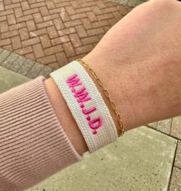 W.W.J.D. Embroidered Tassel Bracelet - Beige/Bright Pink