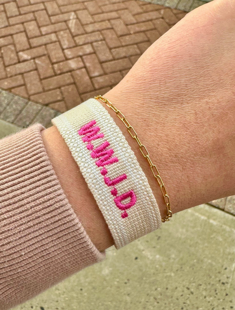 W.W.J.D. Embroidered Tassel Bracelet - Beige/Bright Pink