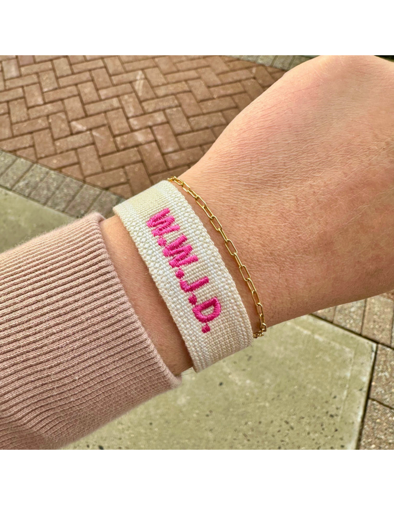 W.W.J.D. Embroidered Tassel Bracelet - Beige/Bright Pink