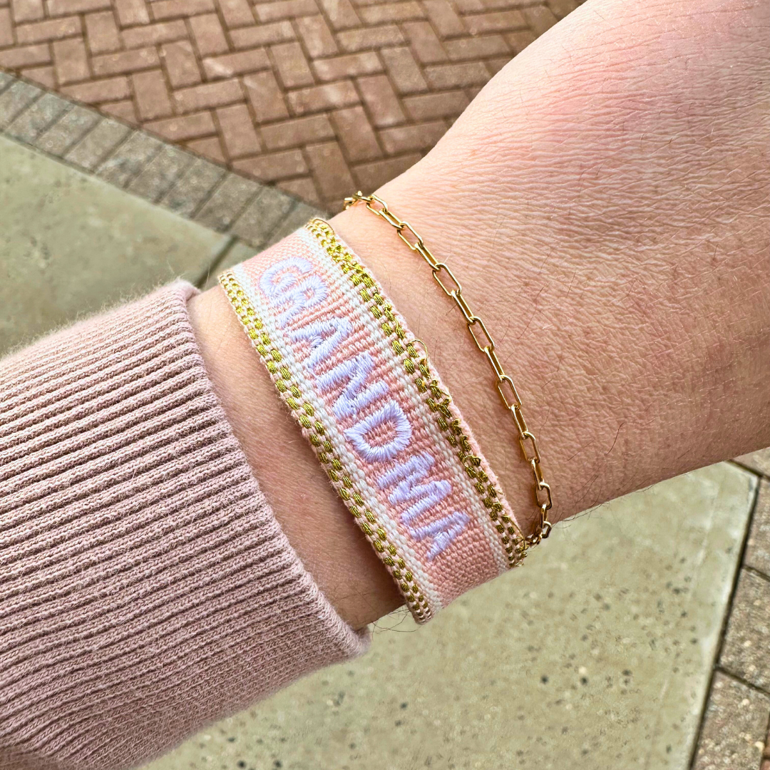Grandma Embroidered Tassel Bracelet - Pink Champagne/White