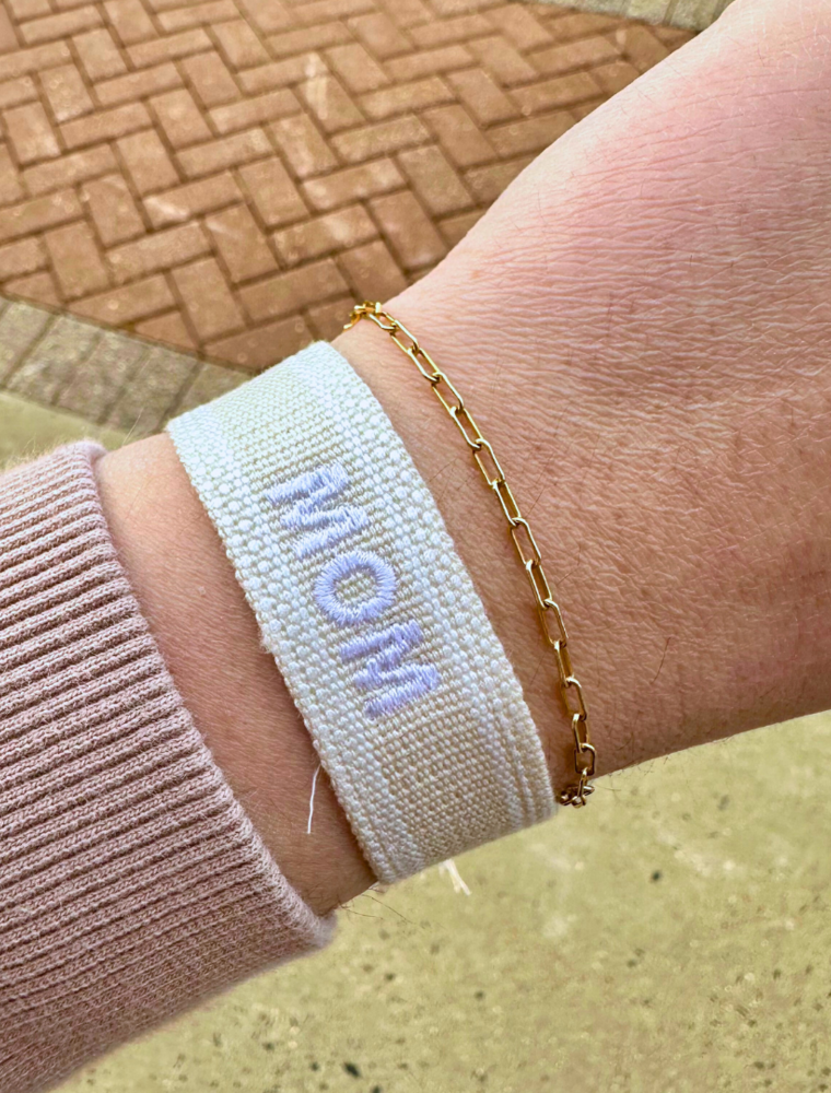 Mom Embroidered Tassel Bracelet - Beige/White