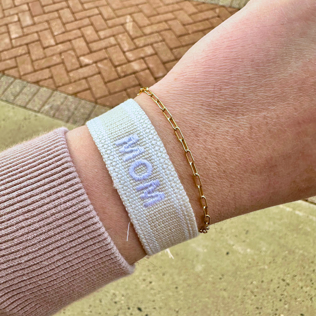 Mom Embroidered Tassel Bracelet - Beige/White