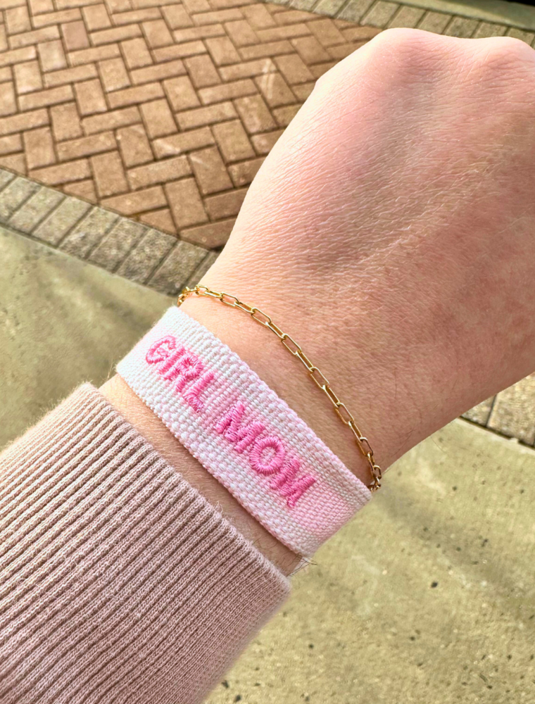 Girl Mom Embroidered Tassel Bracelet - Blush/Barbie Pink