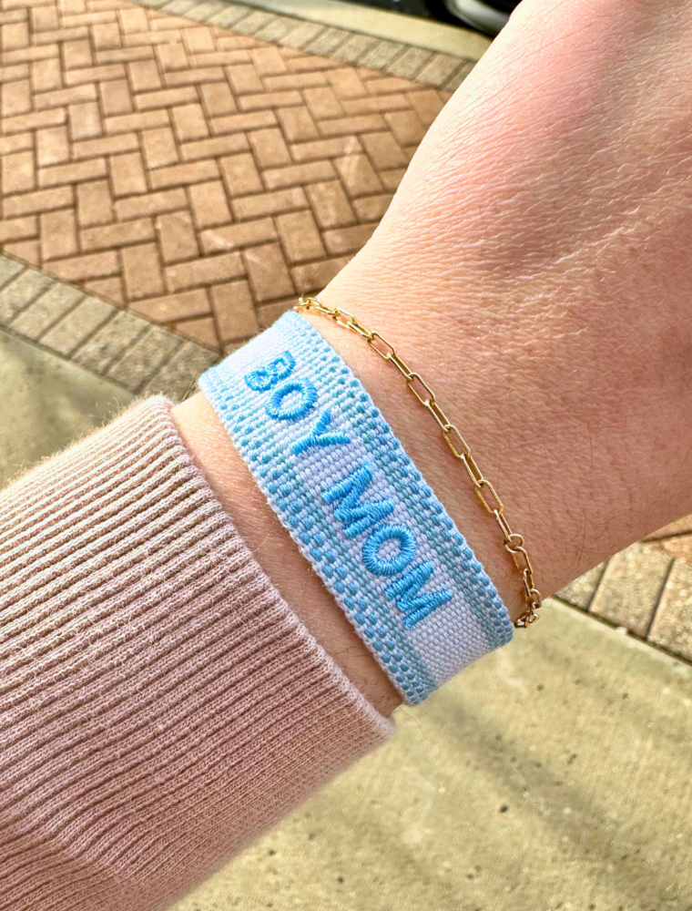 Boy Mom Embroidered Tassel Bracelet - Powder Blue/Steel Blue