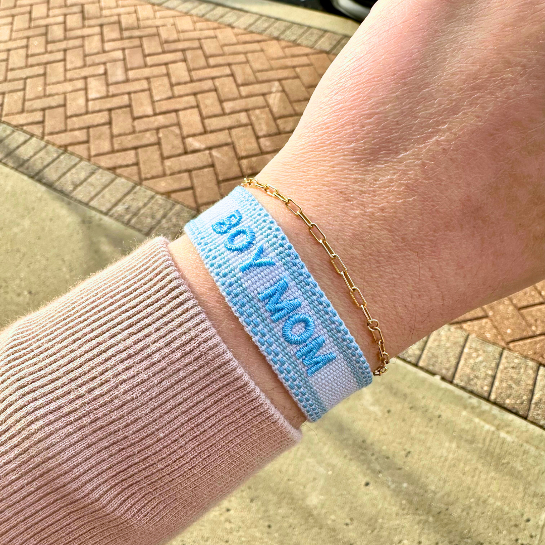 Boy Mom Embroidered Tassel Bracelet - Powder Blue/Steel Blue