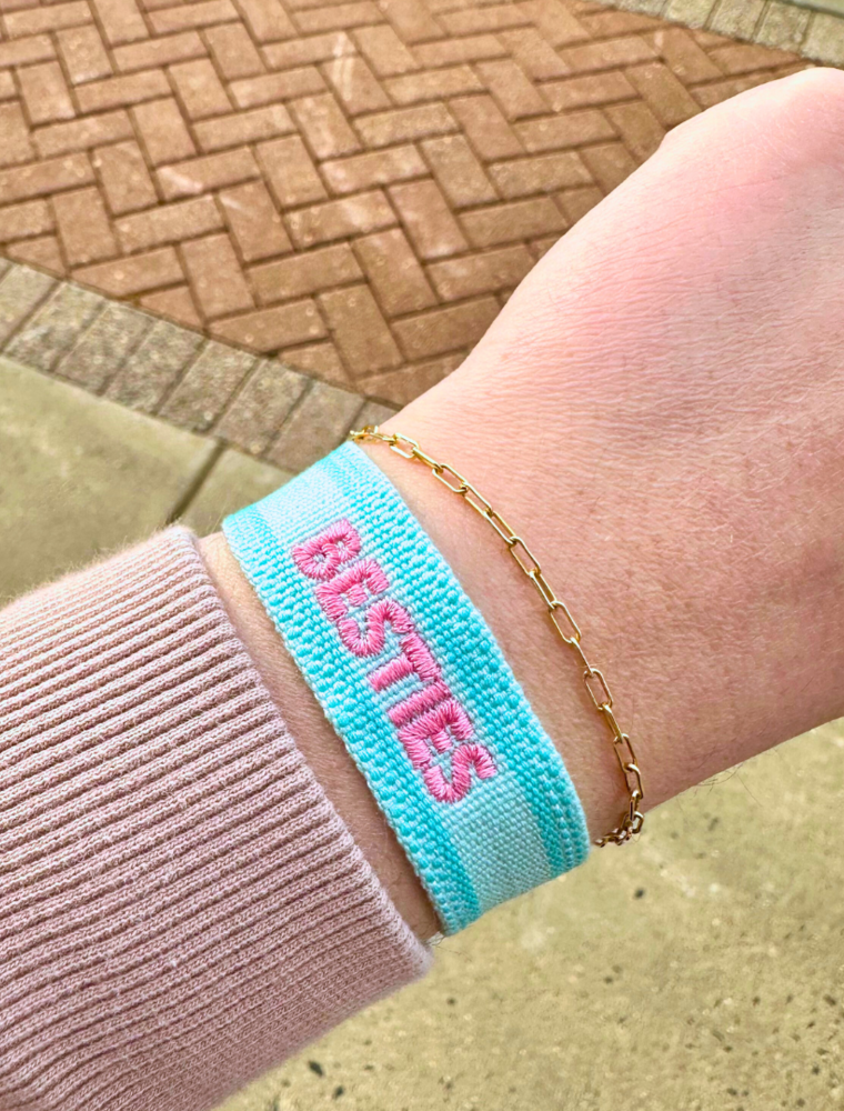 Besties Embroidered Tassel Bracelet - Seafoam/Pink