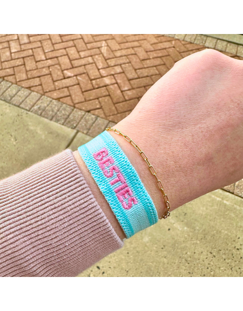 Besties Embroidered Tassel Bracelet - Seafoam/Pink