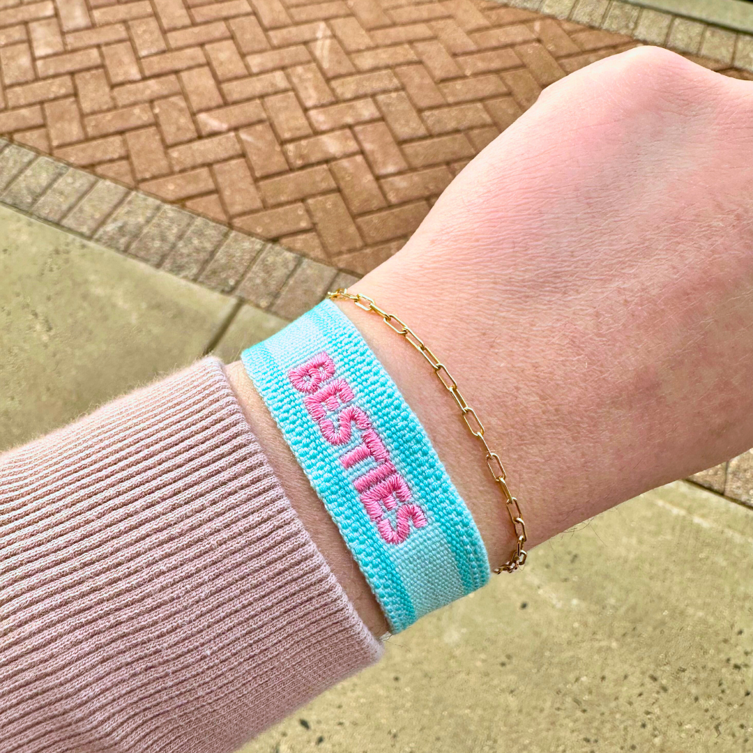 Besties Embroidered Tassel Bracelet - Seafoam/Pink