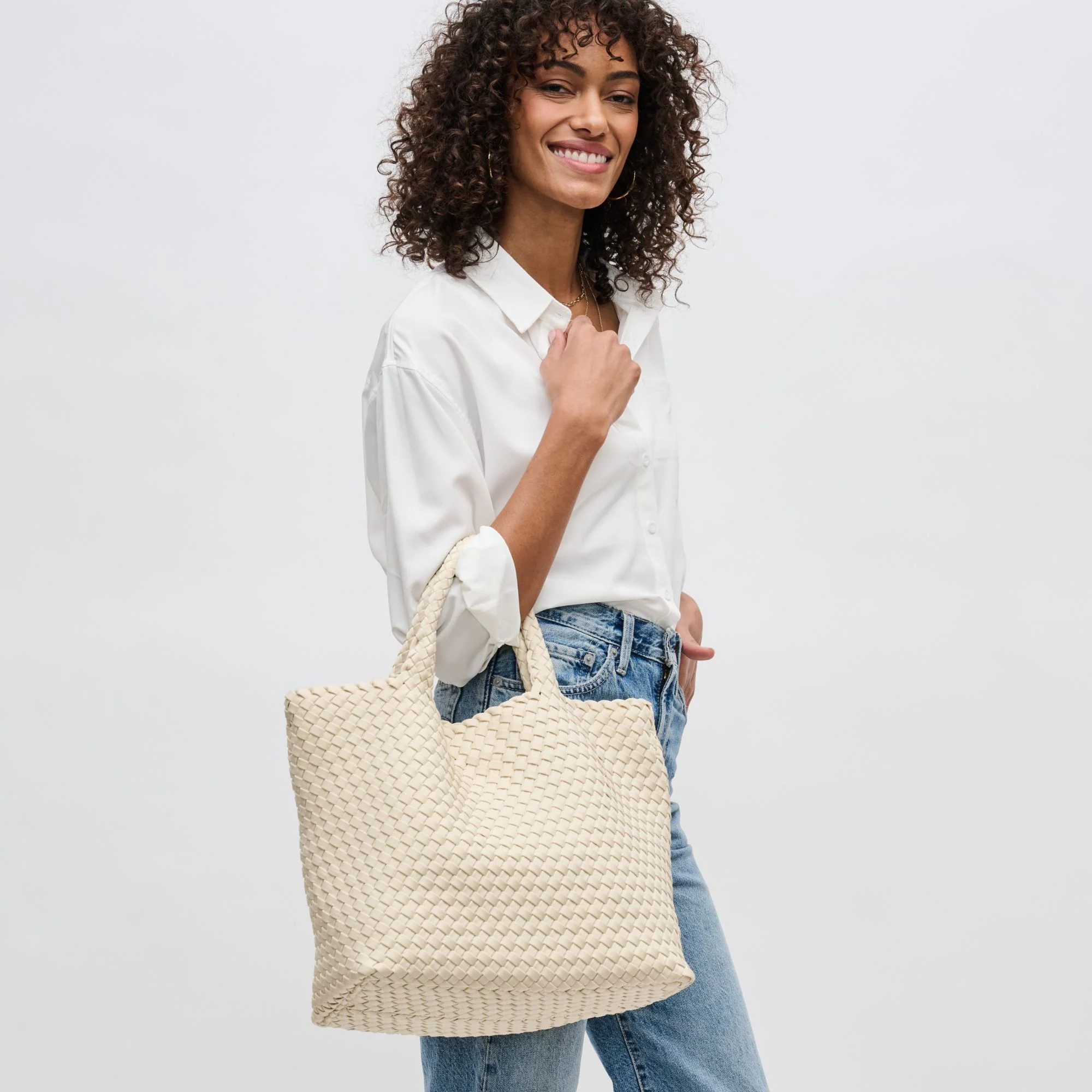 Sol & Selene Sky's The Limit Woven Neoprene Medium Tote in Cream